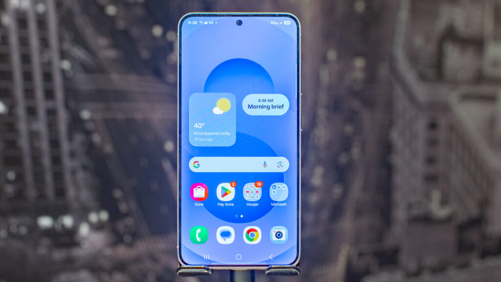 Samsung Galaxy S25 showing the home screen with apps and widgets