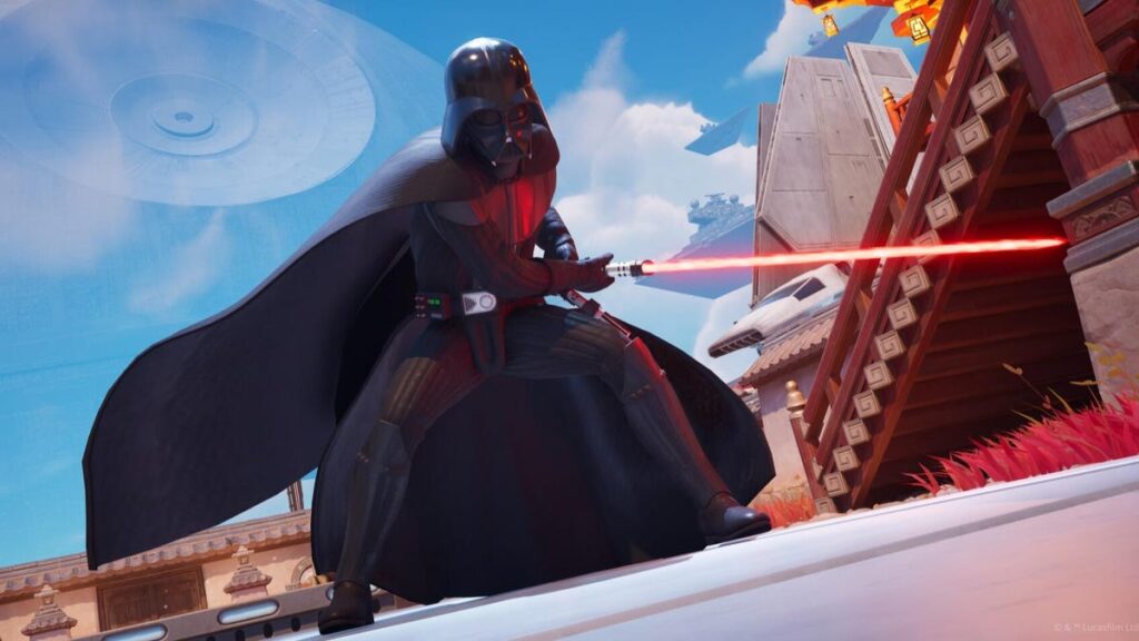 An image of Star Wars character Darth Vader wielding a red lightsaber in the game Fortnite.