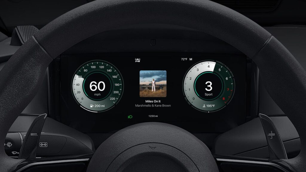 A photo of an instrument panel for Apple&apos;s CarPlay Ultra system -- in it a speedometer, an album cover for Miles On It by Marshmello & Kane Brown, temperature and other car information can be seen.