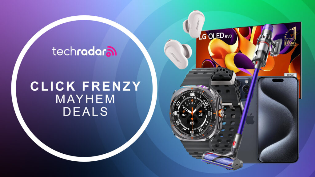 Click Frenzy Mayhem: the 30+ best expert-picked deals now live An assortment of tech on a blue, purple and green gradient background with "Click Frenzy Mayhem deals" text in white.
