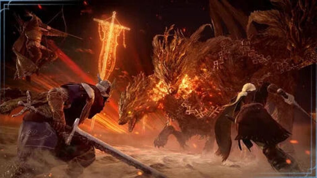 three warriors in elden ring nightreign attacking a monster