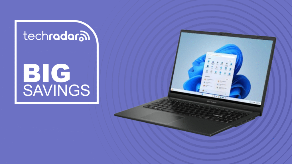 ASUS Vivobook Go on a purple background next to a TechRadar badge reading 'Big Savings'