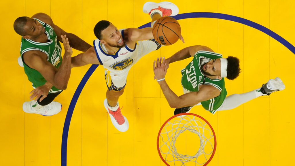 Stephen Curry #30 of the Golden State Warriors shoots during the first half against the Boston Celtics in the NBA Finals 2022