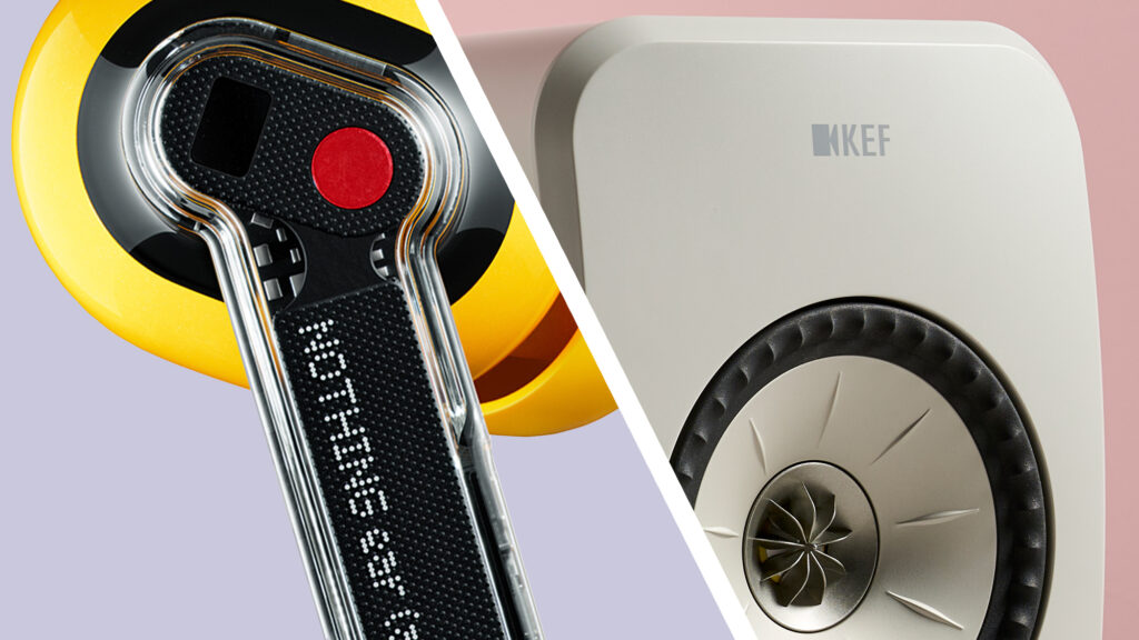 Nothing Ear (a) earbuds on the left, KEF speakers on the right