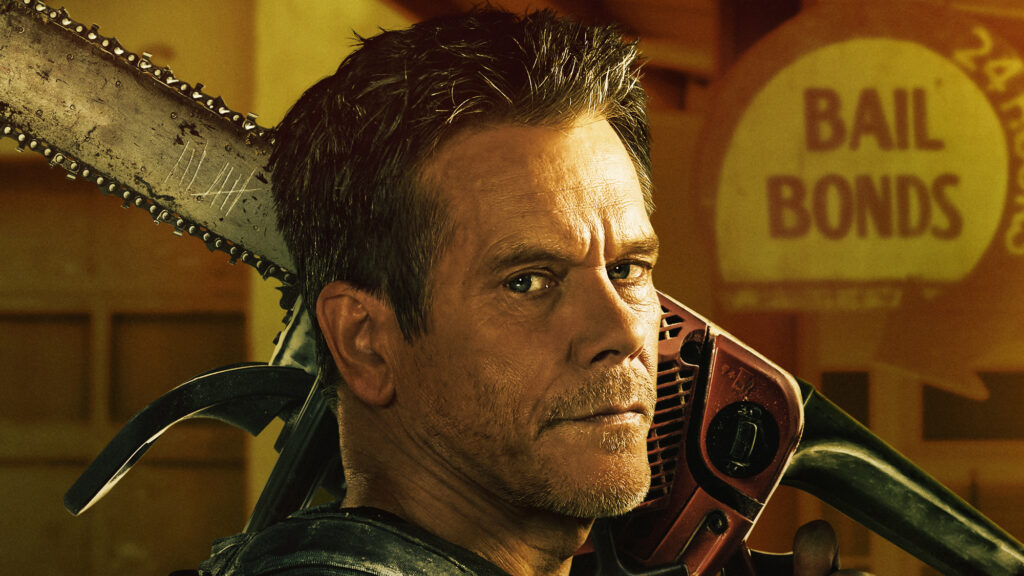 A cropped version of "The Bondsman" poster showing Hal (Kevin Bacon) holding a chainsaw.