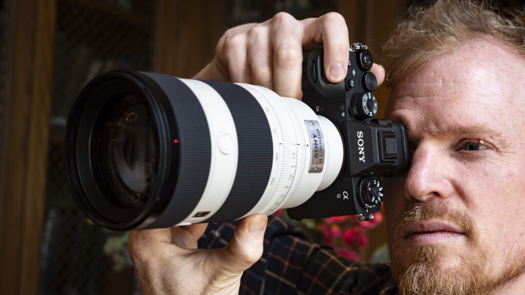 Sony FE 50-150mm F2 GM lens attached to a Sony A9 III, being held up to photographer's eye