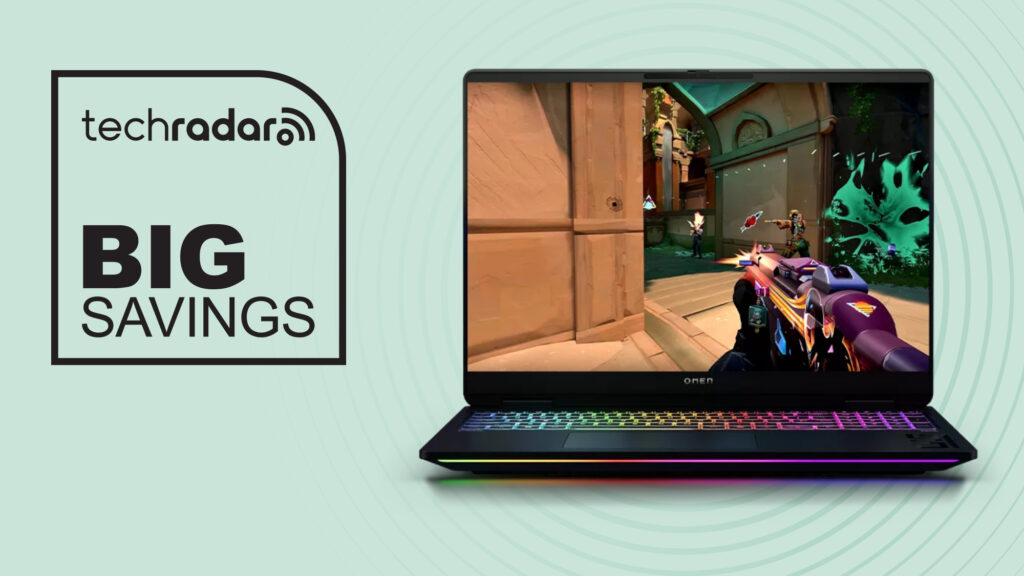 HP Omen Max gaming laptop on green background with big savings text overlay