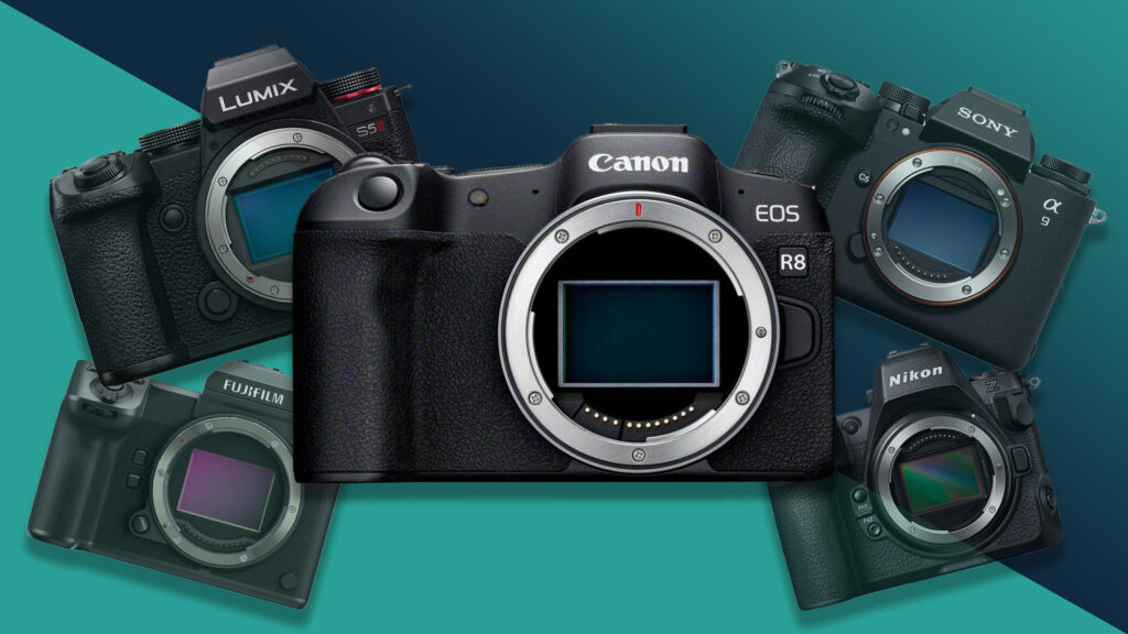 The Canon EOS R8 camera prominent over Sony, Nikon, Fujifilm and Panasonic cameras on turquoise background