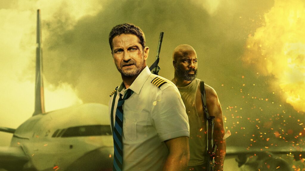 Gerard Butler and Mike Colter in the promo poster for the movie Plane (2023)