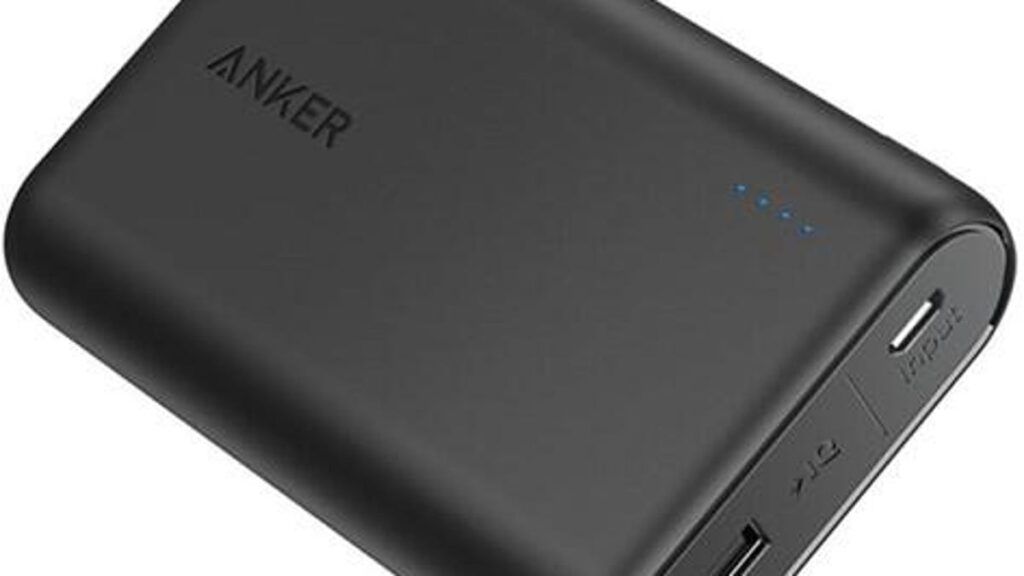 A gray Anker powerbank device.