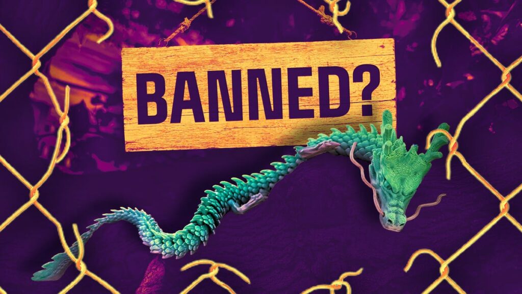 Etsy Is Clamping Down on 3D Printed Products. Here’s How It Could Affect You A 3D printed articulated dragon with a sign above that says "BANNED?"