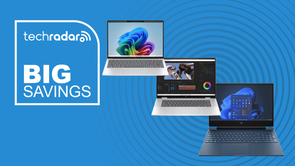 HP EOFY consumer laptops sale with TechRadar logo and text: big savings