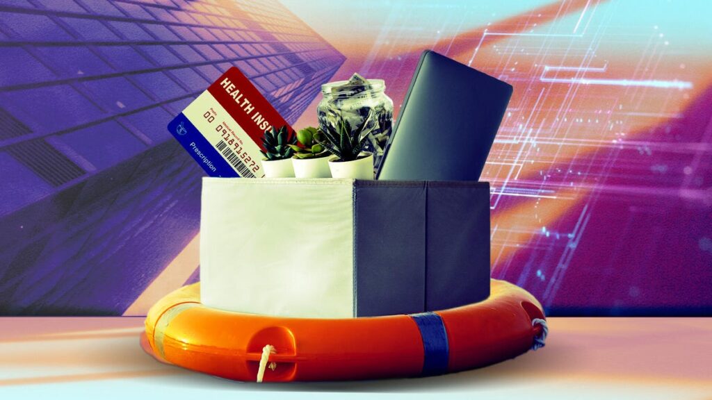 box on a life raft full of layoff items like plants, keyboard, money and health plan