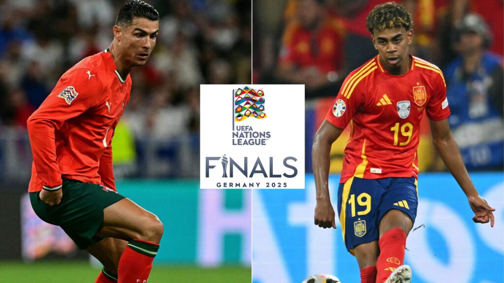 How to watch Portugal vs Spain live stream 2025 online in Nations League final (COMBO) This combination of pictures created on June 06, 2025 shows Portugal's forward #07 Cristiano Ronaldo (L) controling the ball during the UEFA Nations League semi-final football match between Germany and Portugal in Munich, southern Germany on June 4, 2025 and Spain's forward #19 Lamine Yamal passing the ball during the UEFA Euro 2024 semi-final football match between Spain and France at the Munich Football Arena in Munich on July 9, 2024. Spain starlet Lamine Yamal said upcoming Nations League final on June 8, 2025 against Portugal would give him the chance to "prove who I am" after helping his side past France in the semis on June 5, 2025. (Photo by Tobias SCHWARZ and Fabrice COFFRINI / AFP) (Photo by TOBIAS SCHWARZ,FABRICE COFFRINI/AFP via Getty Images)