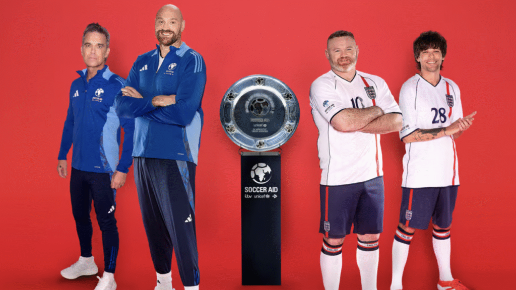 How to watch ‘Soccer Aid’ on ITVX (It’s free) Robbie Williams, Tyson Fury, Wayne Rooney and Louis Tomlinson in a promotional image for Soccer Aid.