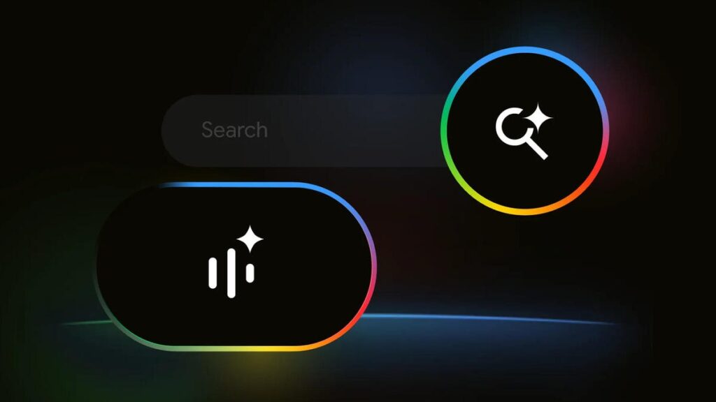 Google's Search Live icon and search icon against a dark background.