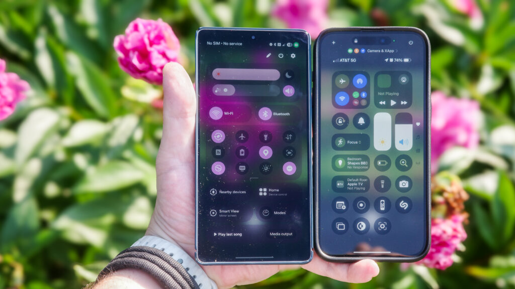 The best camera phones taking photos of red flowers in direct sunlight held individually and side by side