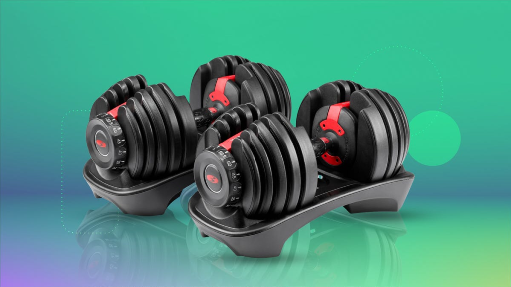 bowflex adjustable weights on a teal gradient background