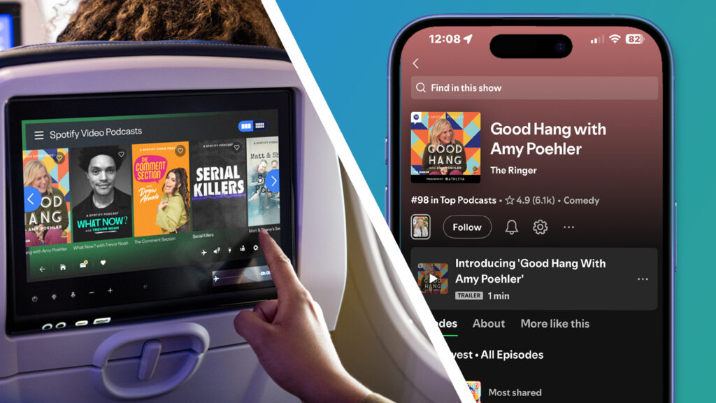 An in-flight seatback screen with Spotify content next to a screen shot of a podcast page