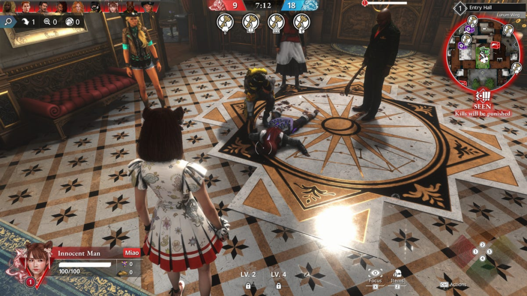 An in-game screenshot of several characters gathered around a dead body.