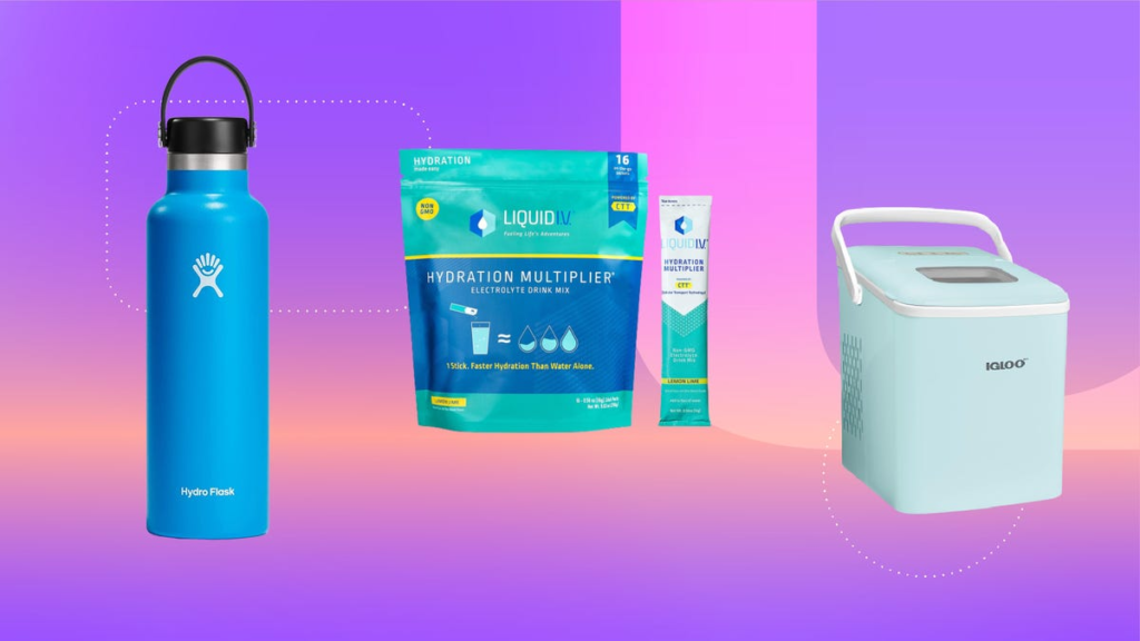 Igloo countertop ice machine, Hydro Flask and Liquid I.V. on colorful background.