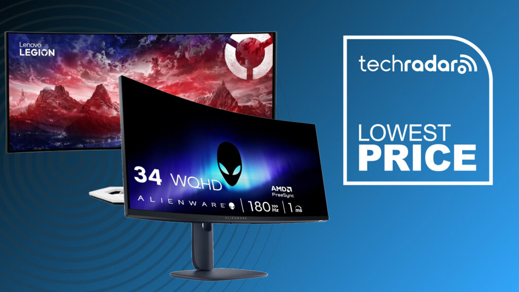 Two gaming monitors on a blue background with the TechRadar deals logo for lowest price