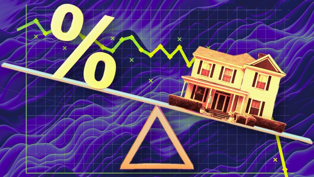 An illustration of a scale with a house weighted down on the right and a percentage sign higher on the left
