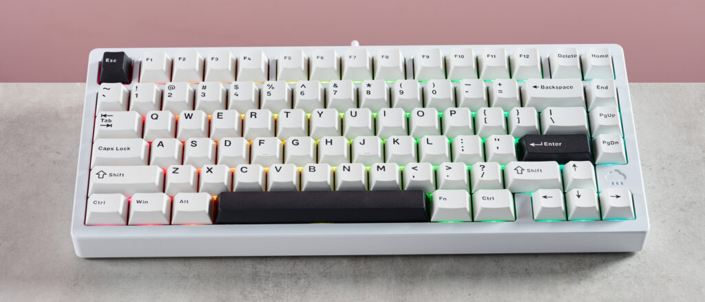 Wobkey Rainy 75 Pro on desk with pink background
