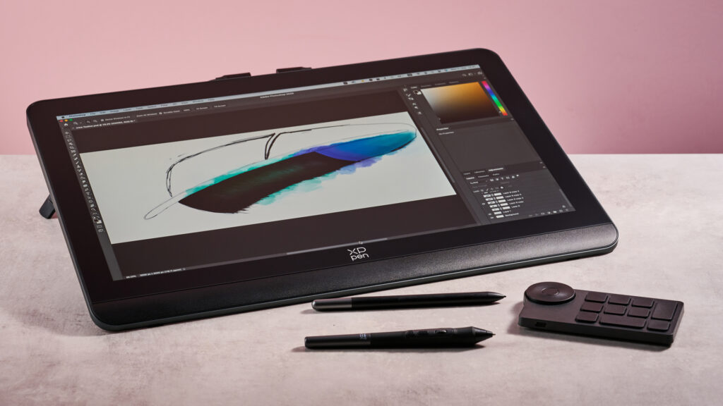 The XPPen Artist Pro 19 Gen 2, showing a drawing of a magpie feather, plus its shortcut key remote, X3 Pro Roller Stylus and X3 Pro Slim Stylus in front of a pink background.