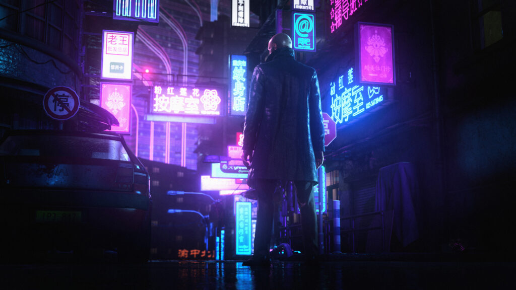 Hitman: World of Assassination screengrab &ndash; purple lights in city scape