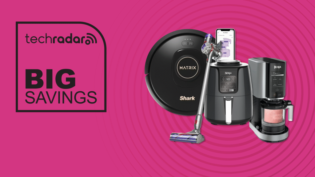 A selection of home appliances next to label reading 'big savings'