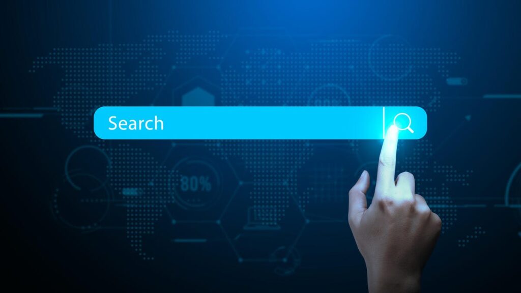 A hand taps a search bar in an illustration.
