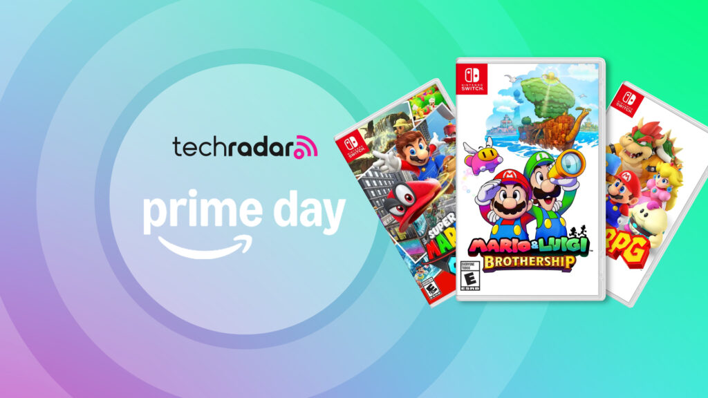 Mario &amp; Luigi: Brothership, Super Mario Odyssey and Super Mario RPG in front of a purple and green gradient emblazoned with the words 'Prime Day'.
