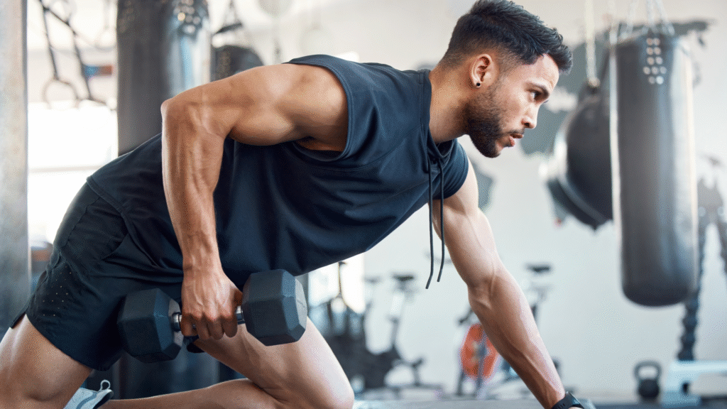 Get stronger in less time, with just a pair of dumbbells and this full-body workout A man performing dumbbell rows at the gym