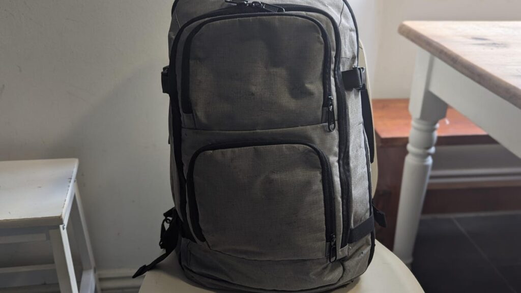 Grey backpack on chair