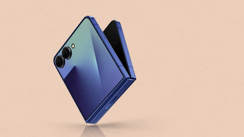 Samsung Galaxy Z Flip 7 in blue (closed) on a peach background