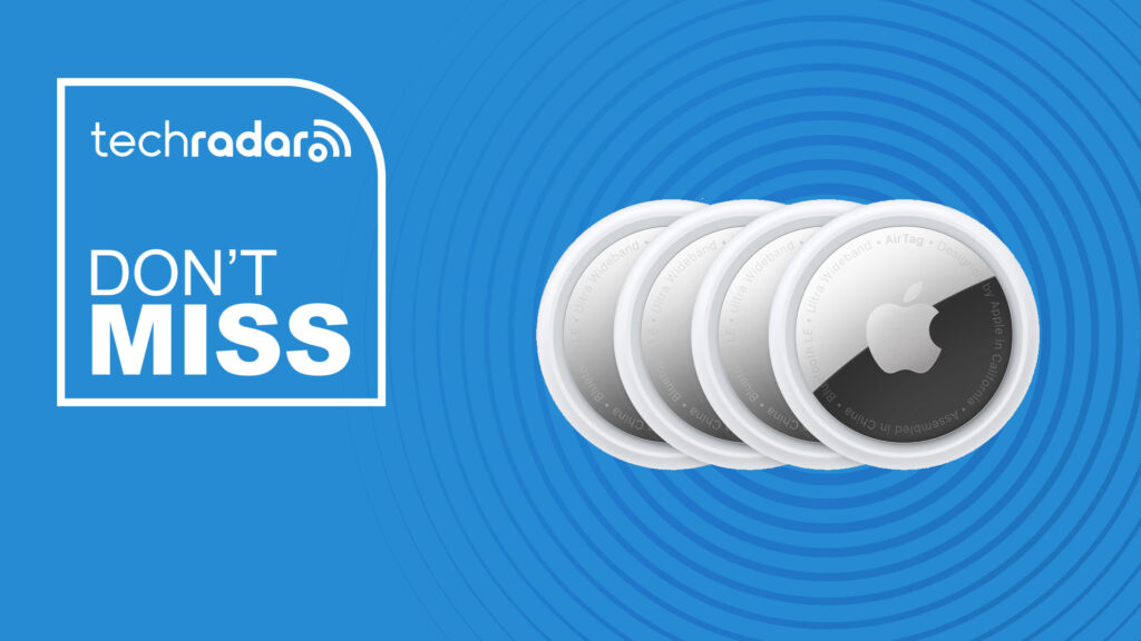 Apple AirTag 4 pack on top of a TechRadar Don't Miss sales banner in blue