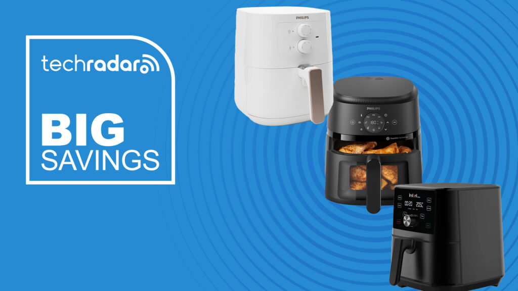 Need a cheap air fryer? These 3 Prime Day deals will get you the popular kitchen appliance for under AU$100 Three air fryers on a blue background with TechRadar's Big Savings deals logo