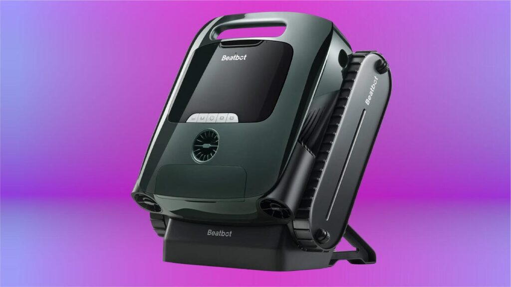 A product image of the a Beatbot robot pool cleaner on a blue and purple background.