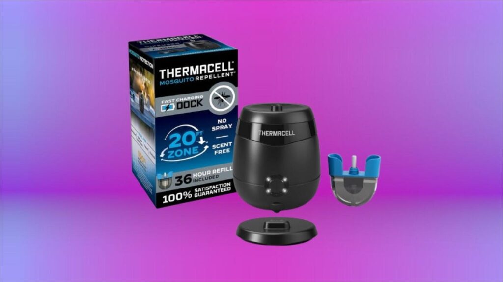 the Thermacell mosquito repellant system sits on a purple gradient background