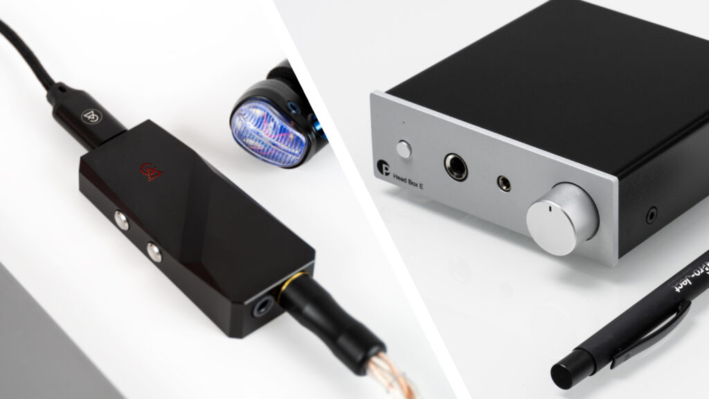 The Campfire Audio Relay on the left, and the Pro-Ject Head Box E on the right