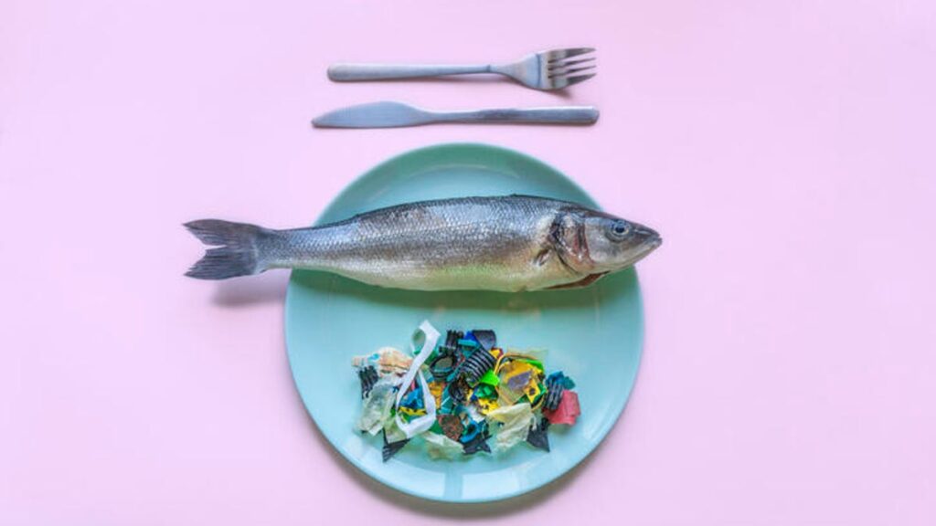 An uncooked fish on plate with a pile of plastic beside it.