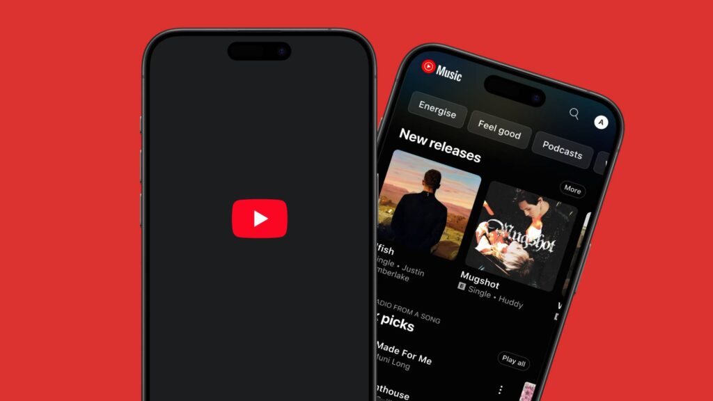 Two iPhones showing the YouTube logo and the YouTube Music homepage