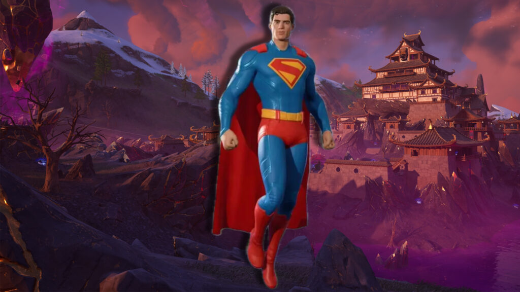 Fortnite Super Showdown live event: our reactions now that the event is over Superman hovers above a purple and red misted Japanese castle courtyard. Snowy mountains can be seen in the background
