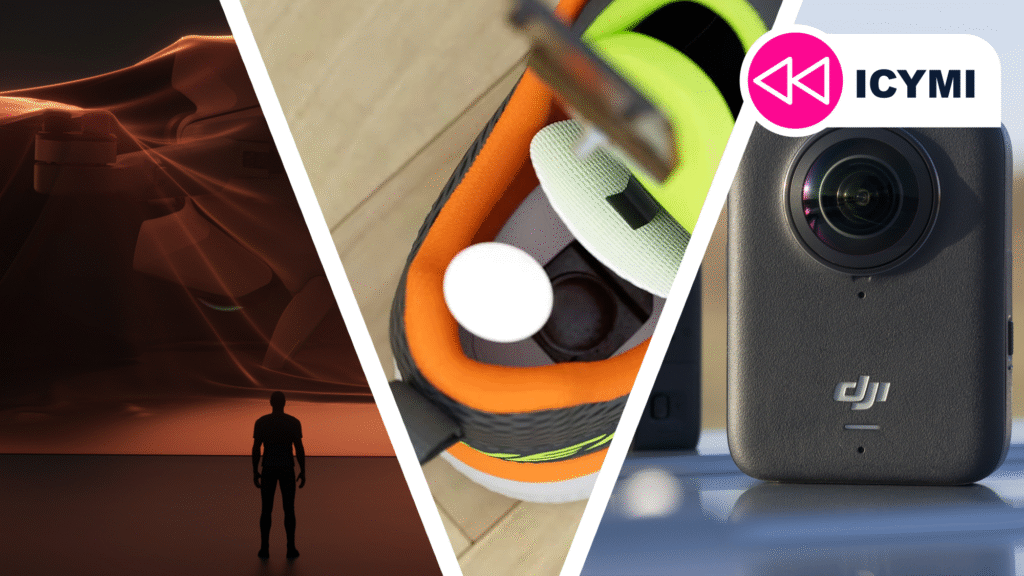 A drone under a cloth, the new DJI Osmo 360, and an AirTag being put in a shoe