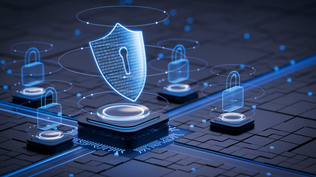 Cybersecurity ensures data protection on internet. Data encryption, firewall, encrypted network, VPN, secure access and authentication defend against malware, hacking, cyber crime and digital threat