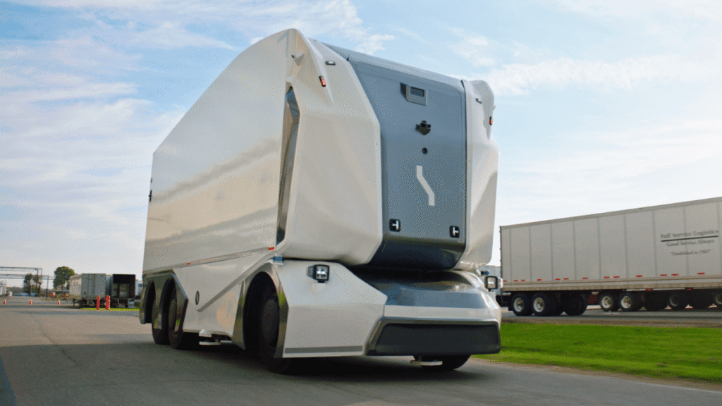 Self-driving trucks startup Einride raises $100M Einride's autonomous electric pod, a truck built without a cab for a driver, on road