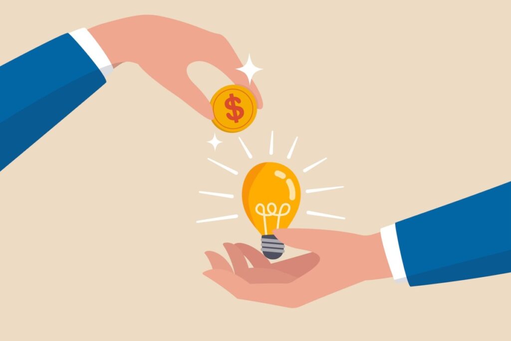 Stripe wants to turn your AI costs into a profit center Crowd funding, new business or start up company to get money or venture capital to support or sponsor business concept, businessman hand giving money dollar coin to new business idea light bulb.