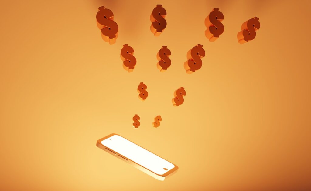 Golden Smartphone with red $ signs popping out of the screen