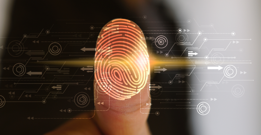 Digital identity protection concept showing passkeys, biometrics, data privacy, and online security